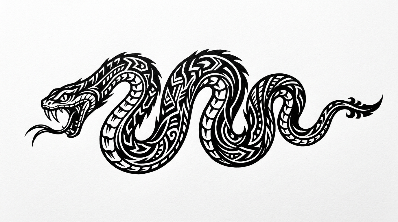 Эскиз тату змея в стиле блэкворк — массивная чёрная заливка, контраст и негативное пространство