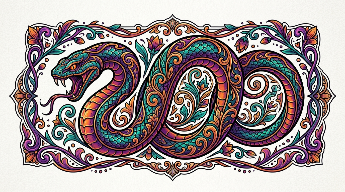 Эскиз тату змея в стиле нео-традишнл — яркие цвета, орнаментальные элементы, декоративная рамка