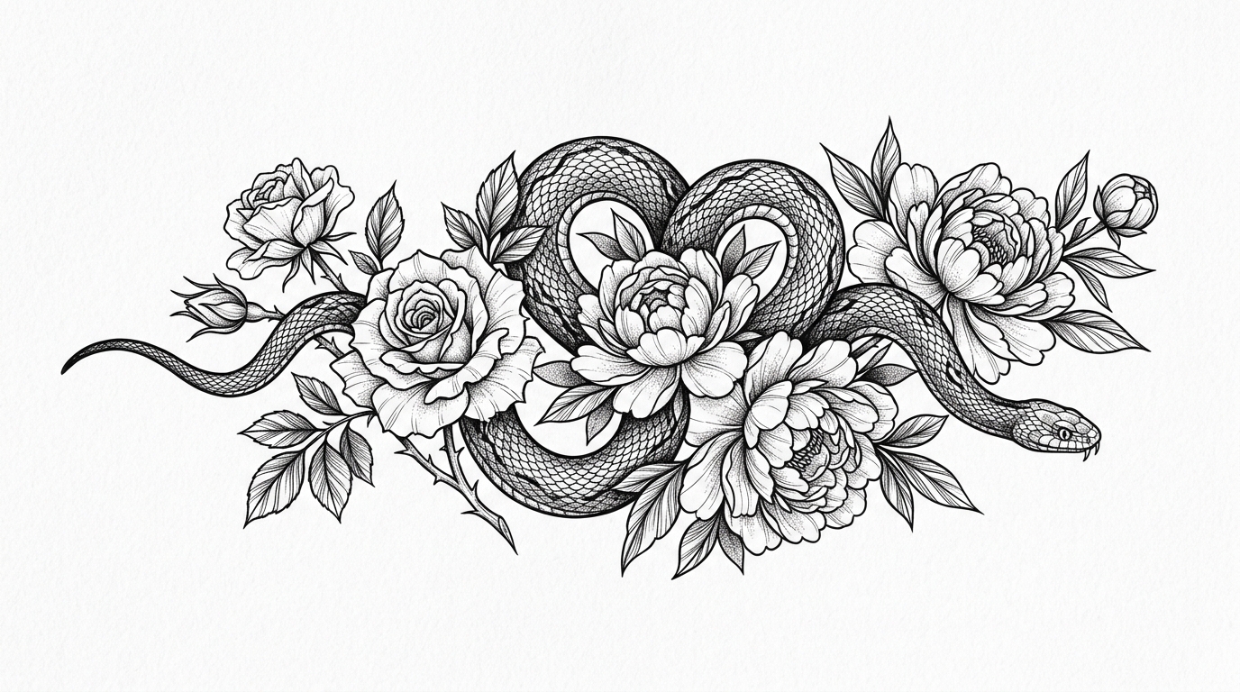 Эскиз тату змея с цветами — элегантный серпентин среди пионов и роз