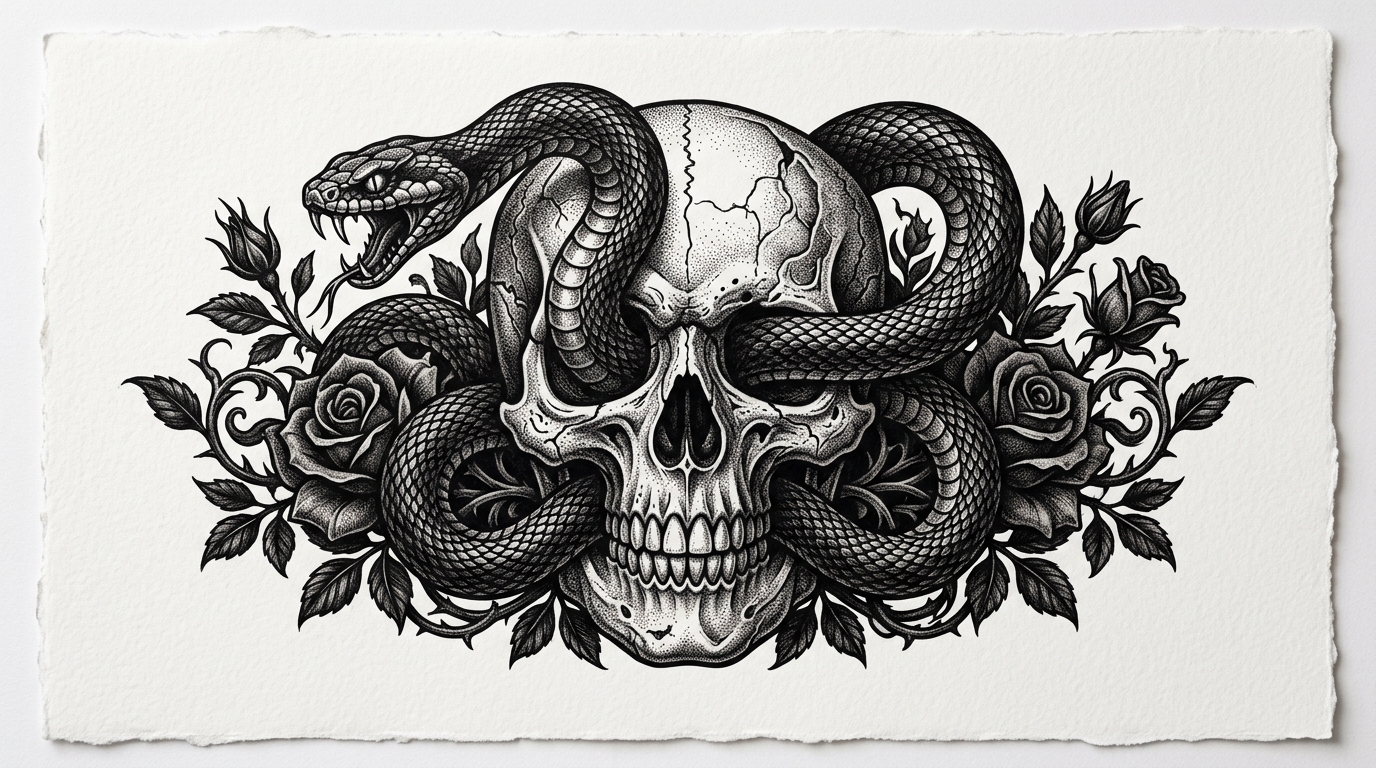 Эскиз тату змея с черепом — змея проползает через глазницы черепа, готический стиль