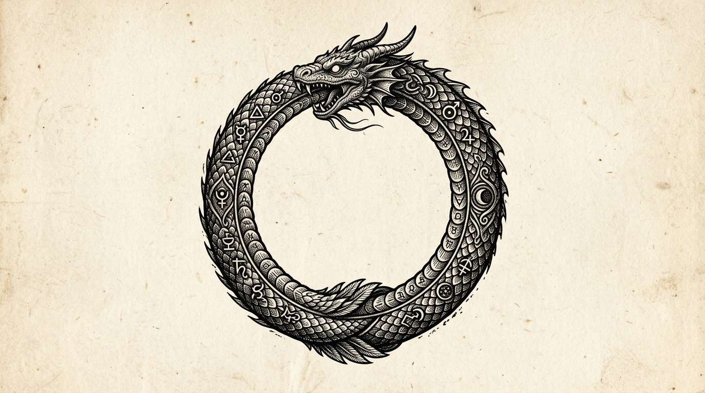 Эскиз тату уроборос — змея, кусающая свой хвост, алхимический символ вечности