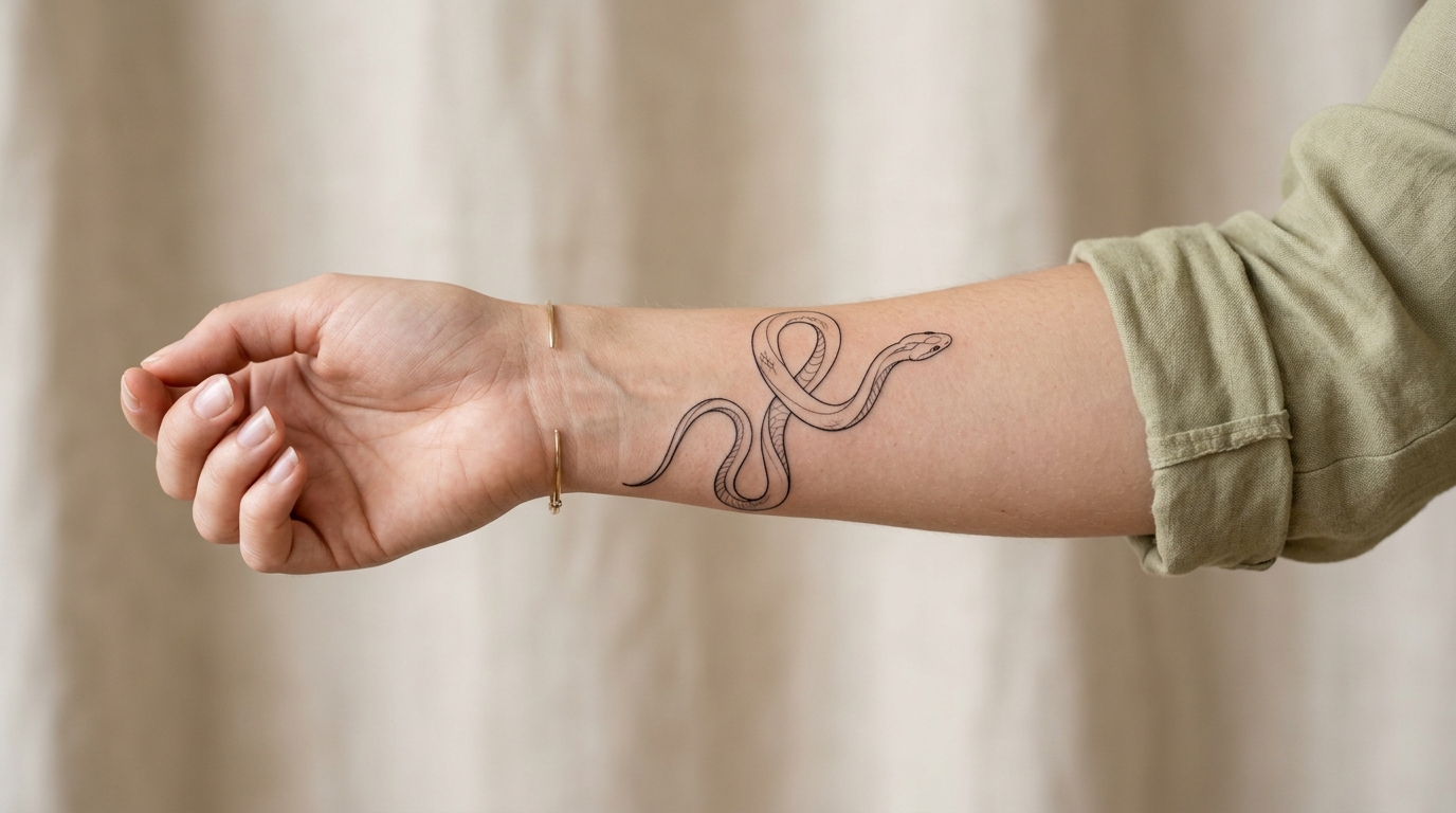 Элегантная тату змея на предплечье девушки в стиле файн-лайн