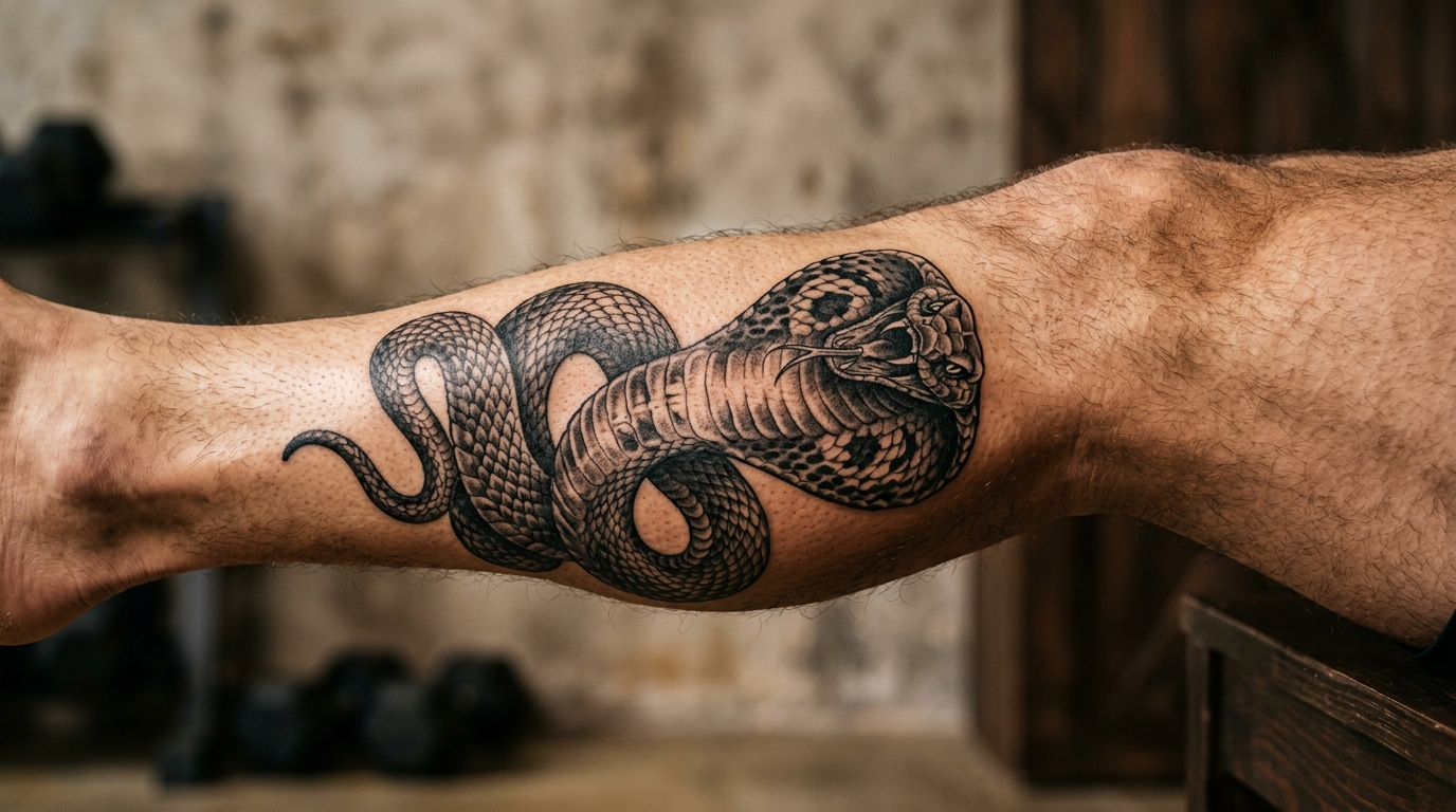 Реалистичная тату змея на голени мужчины — кобра в чёрно-серой технике