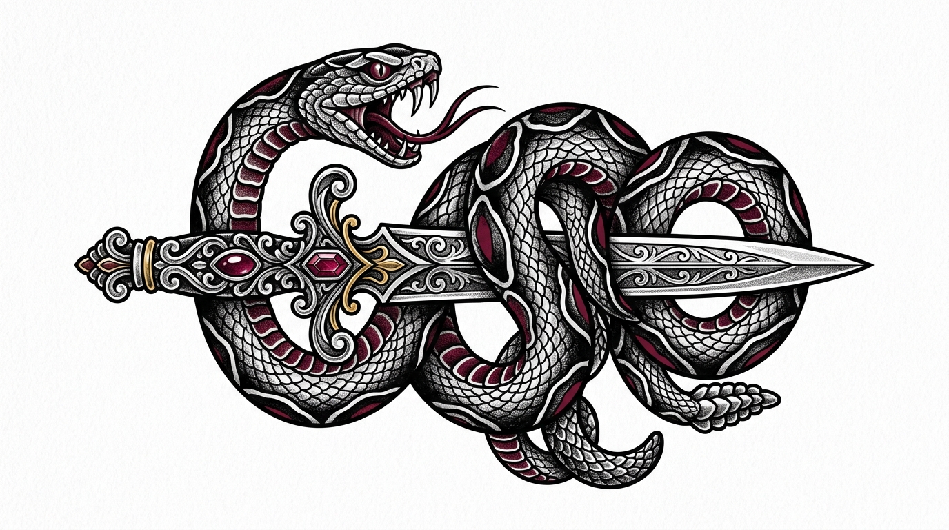 Эскиз тату змея обвивает кинжал — классический тату-мотив мужества и преодоления
