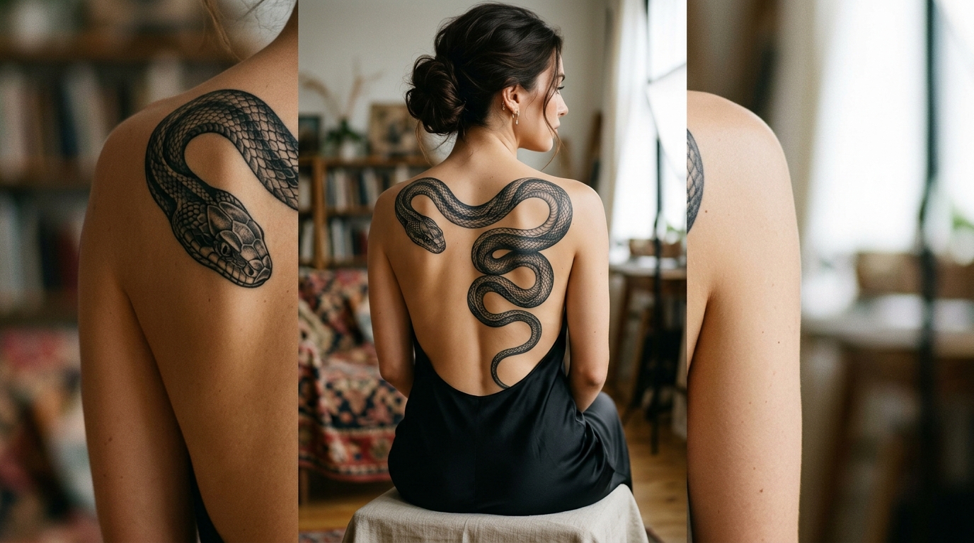 Тату змея на спине девушки — реалистичная змея от плеча к пояснице
