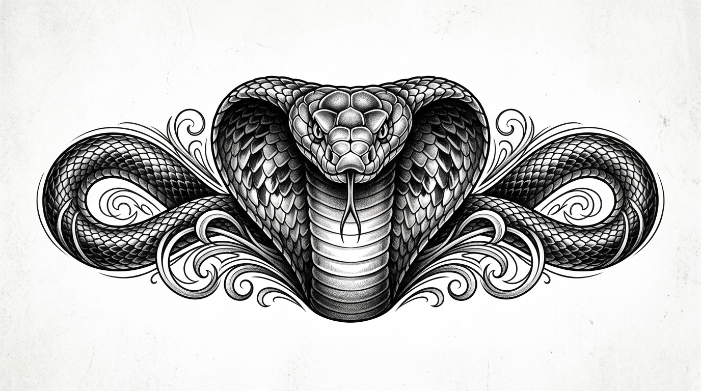 Эскиз тату кобра с раскрытым капюшоном в реалистичном стиле