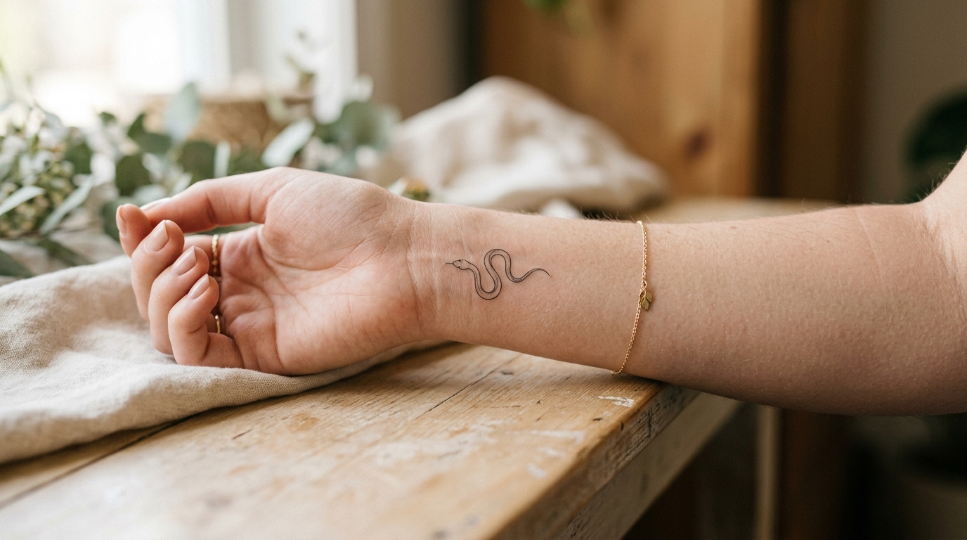 Маленькая минималистичная тату змейка на запястье девушки