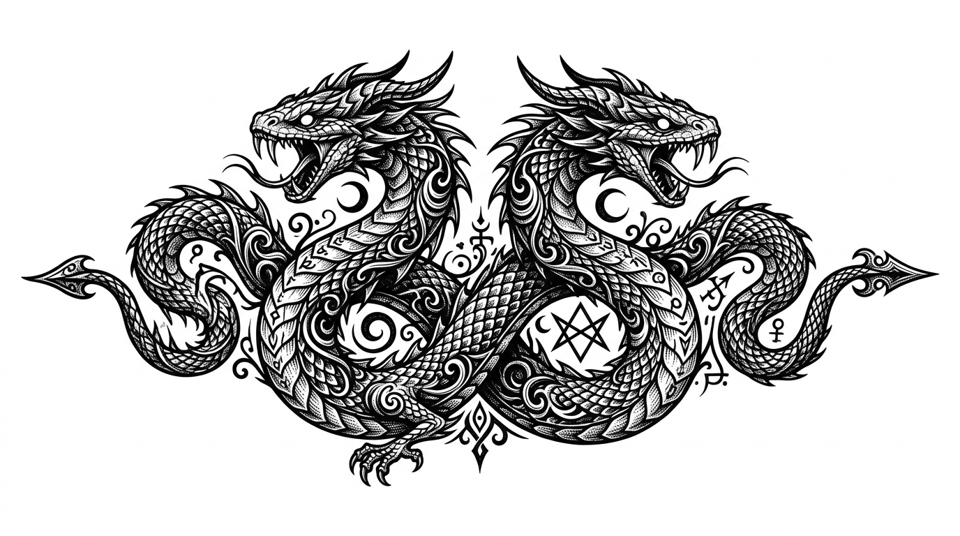 Эскиз тату двуглавая змея — мифологический мотив двойственности