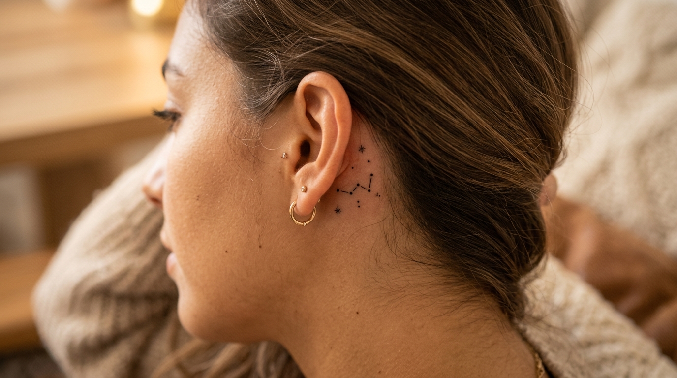 Маленькая тату-созвездие за ухом — пример минималистичного дизайна