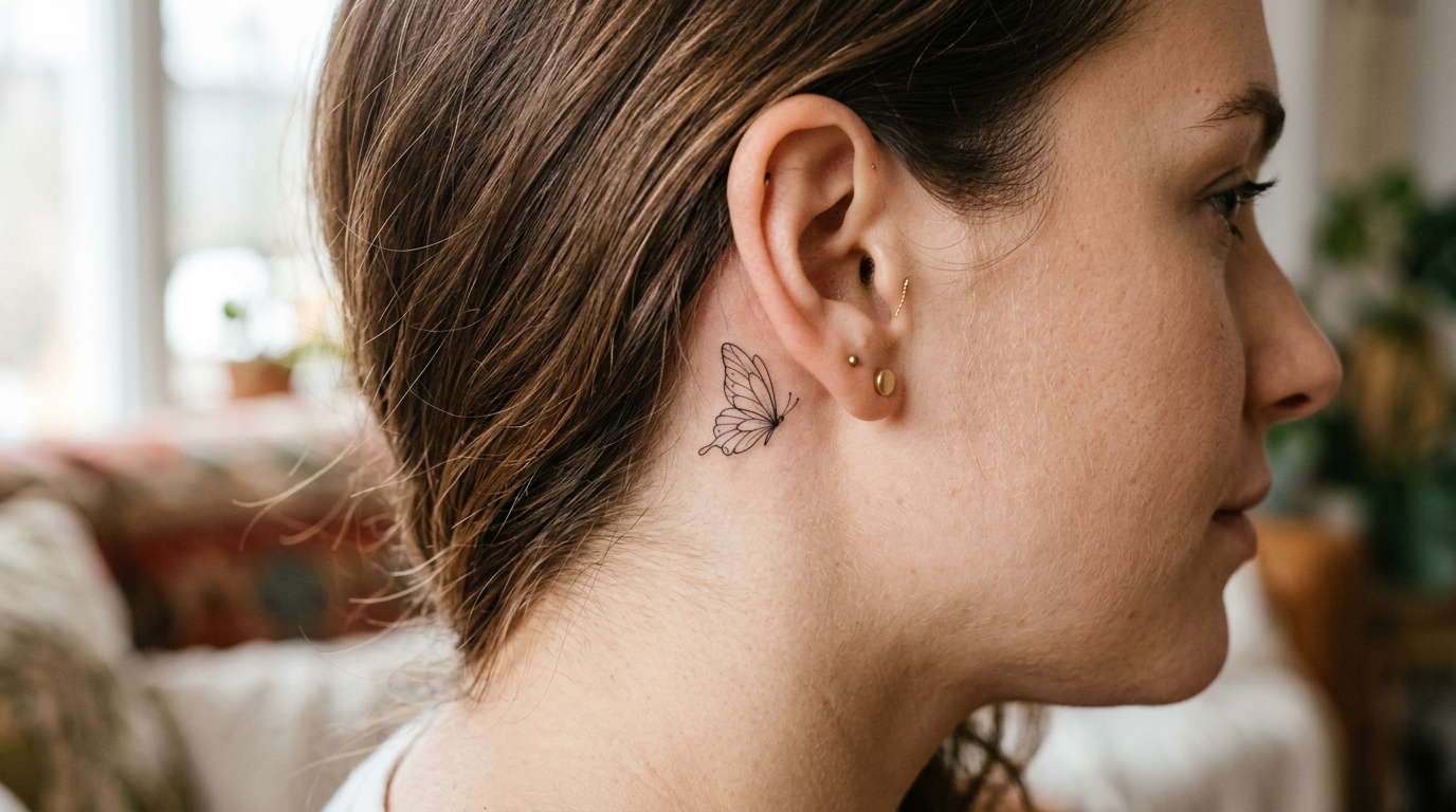 Маленькая тату-бабочка за ухом — минималистичный дизайн с тонкими линиями