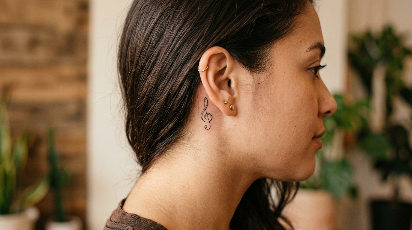 Маленькая тату-скрипичный ключ за ухом — тонкие линии, музыкальный мотив