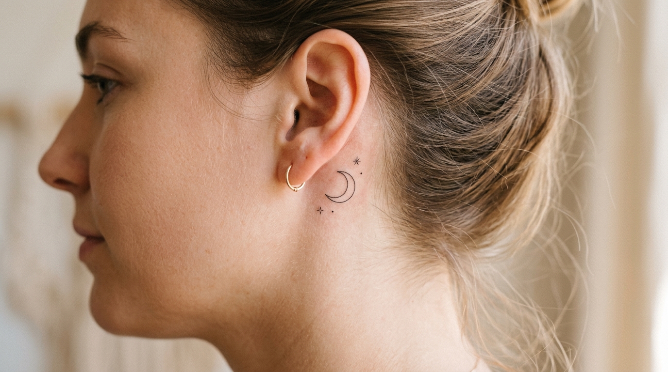 Маленькая тату-полумесяц со звёздами за ухом — тонкие линии