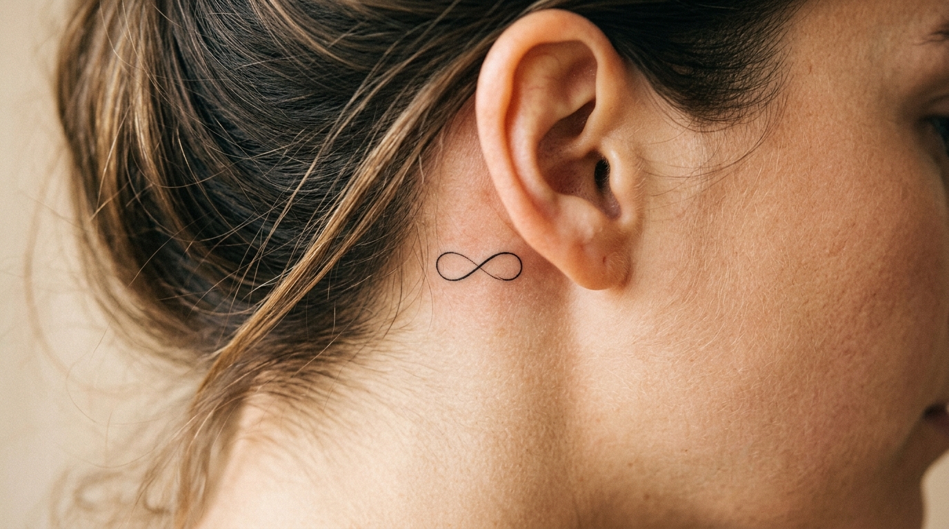 Маленькая тату-знак бесконечности за ухом — минималистичный символ