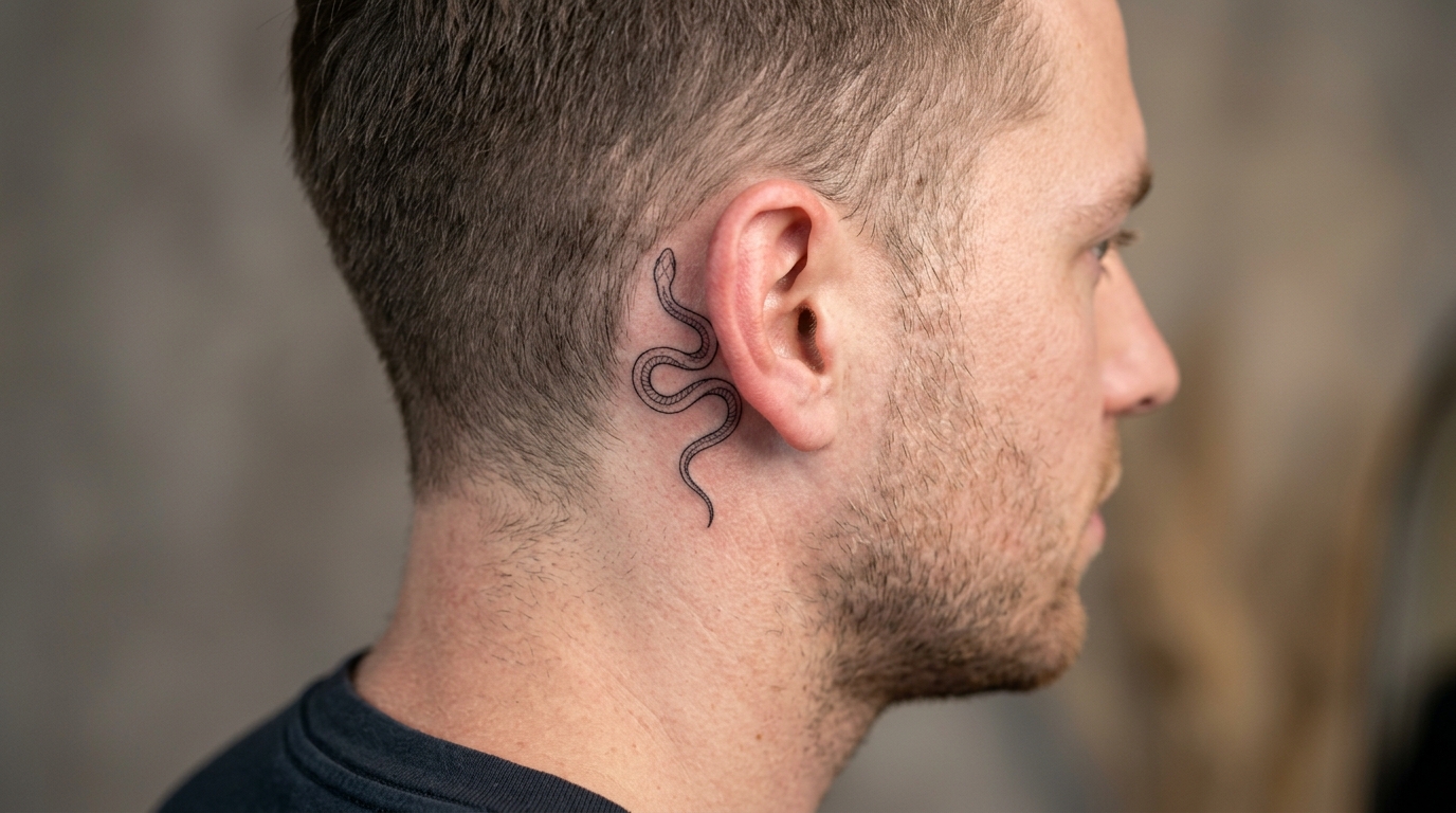 Маленькая тату-змея за ухом у мужчины — тонкие линии, минималистичный дизайн