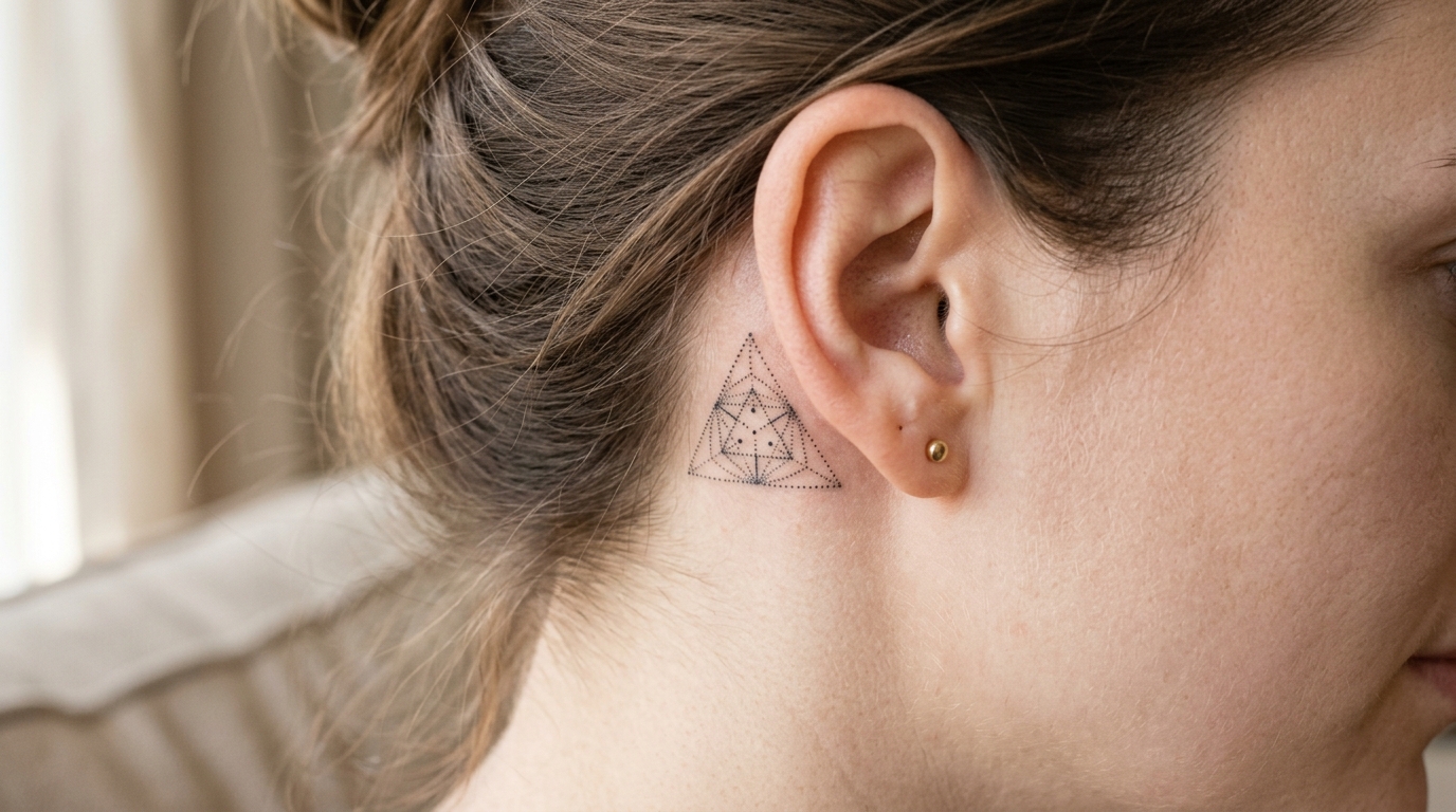 Маленькая геометрическая тату за ухом — треугольник в стиле дотворк