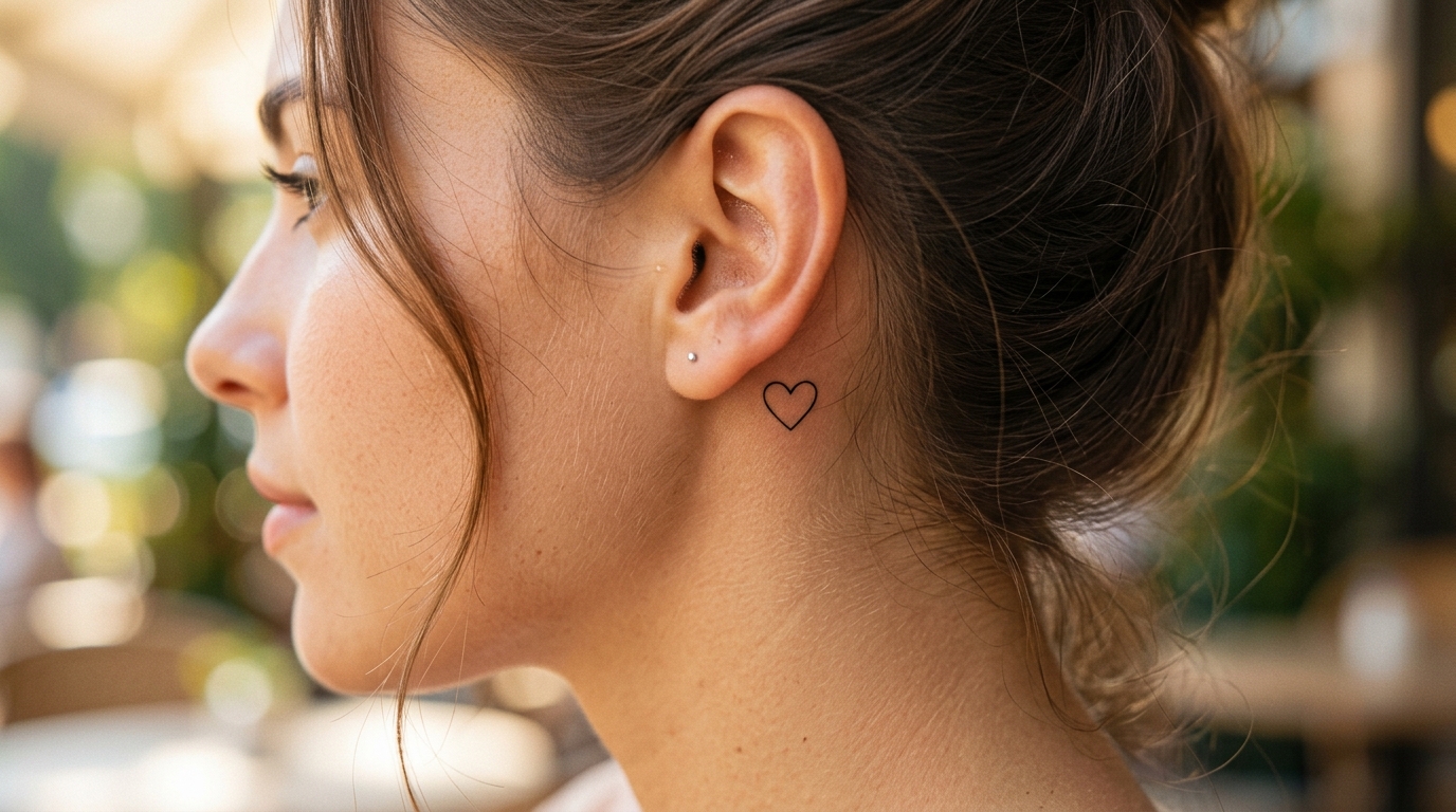 Маленькая тату-сердечко за ухом — контур тонкими линиями