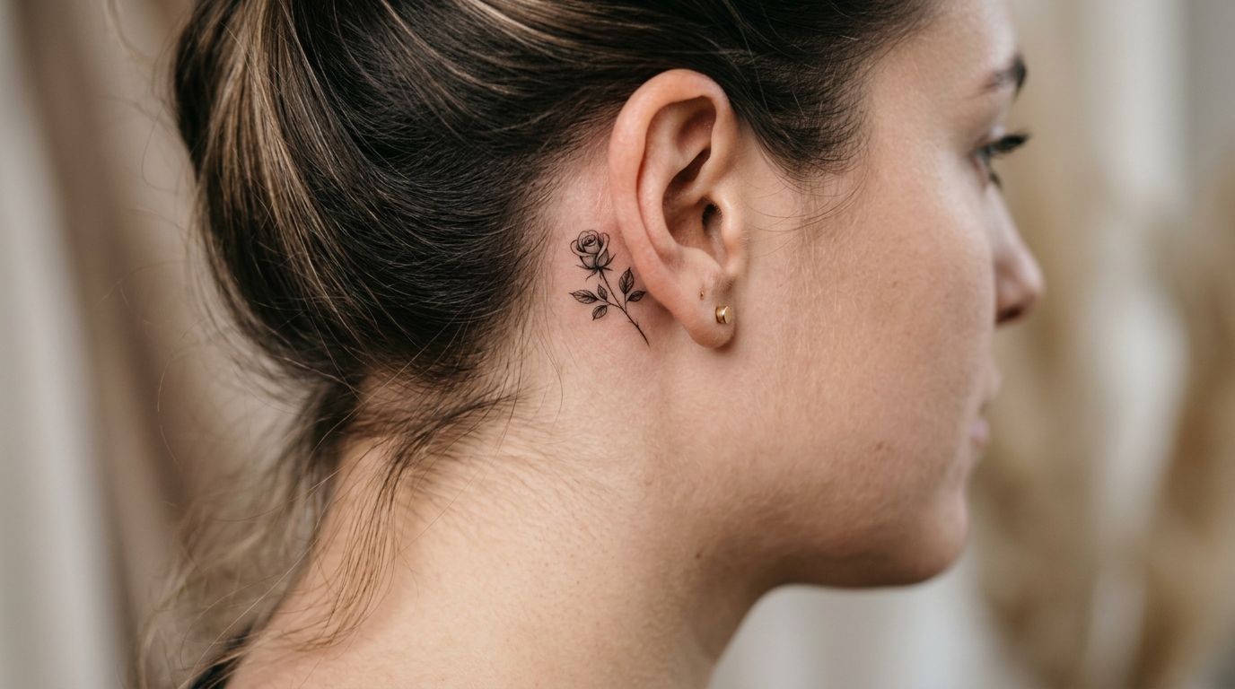 Маленькая тату-роза за ухом — реалистичный бутон тонкими линиями