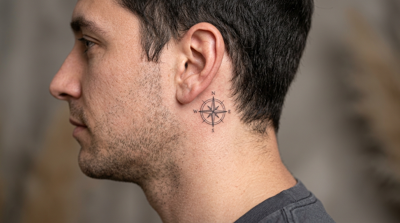 Маленькая тату-компас за ухом у мужчины — тонкие линии