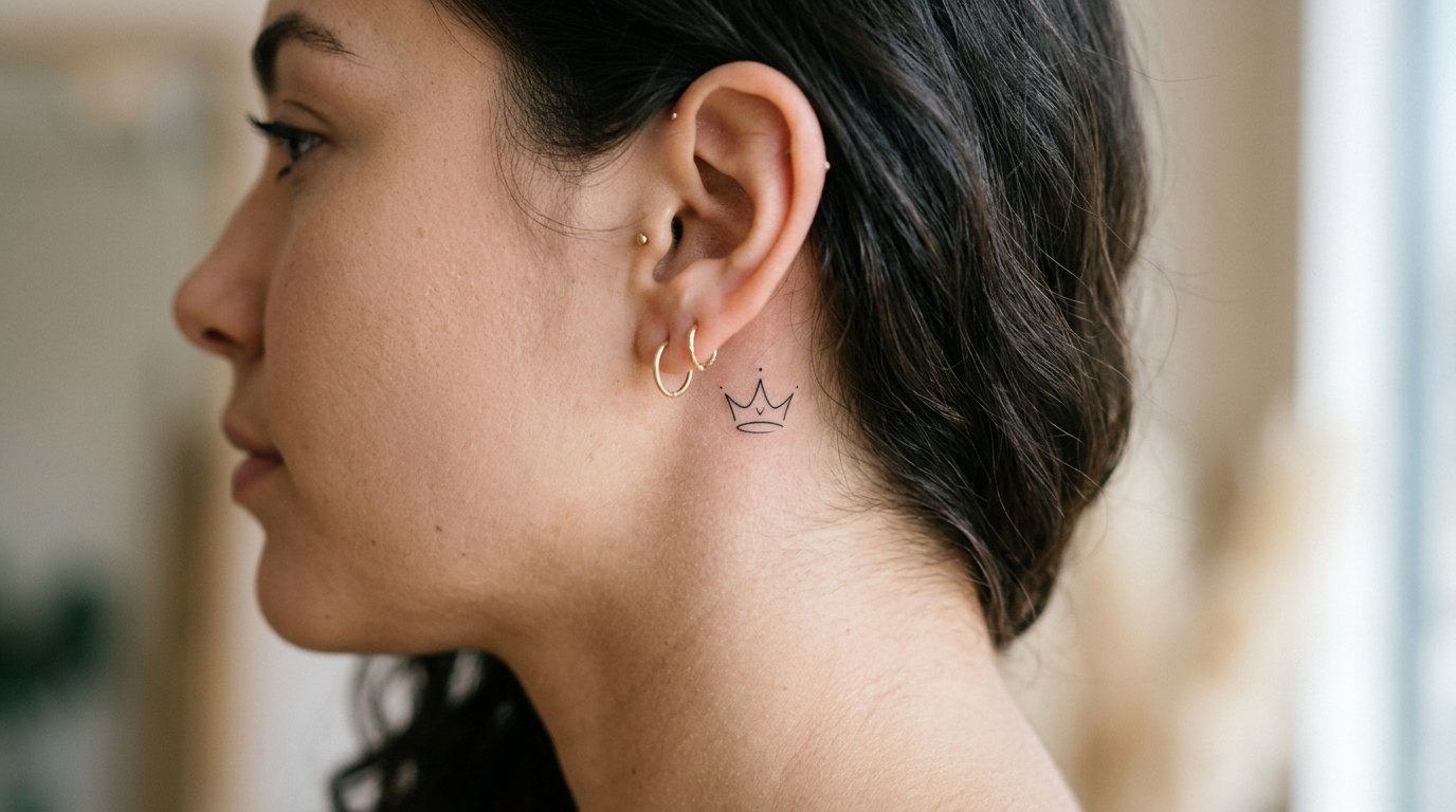 Маленькая тату-корона за ухом — изящный минималистичный символ