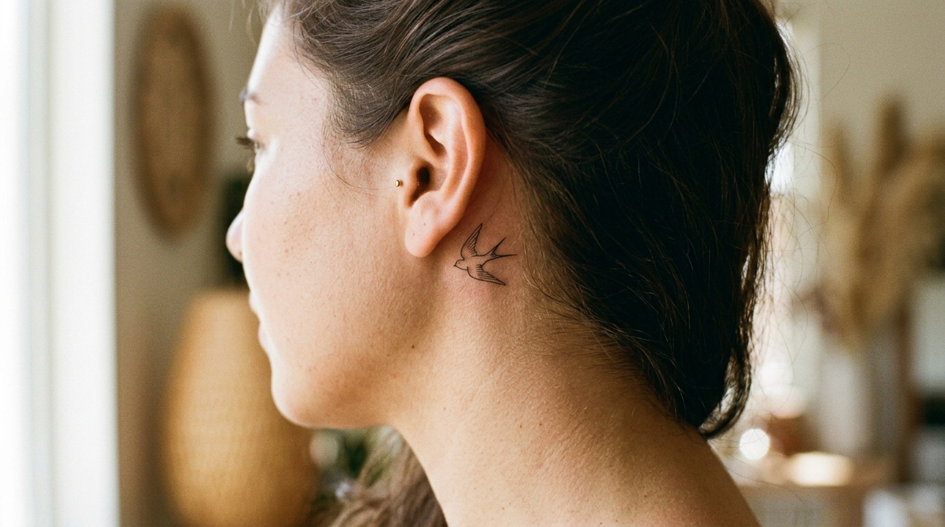 Маленький силуэт ласточки — тату-птица за ухом