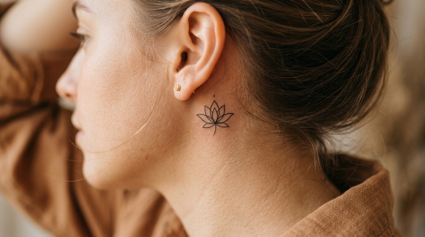 Маленькая тату-лотос за ухом — минималистичный цветок лотоса