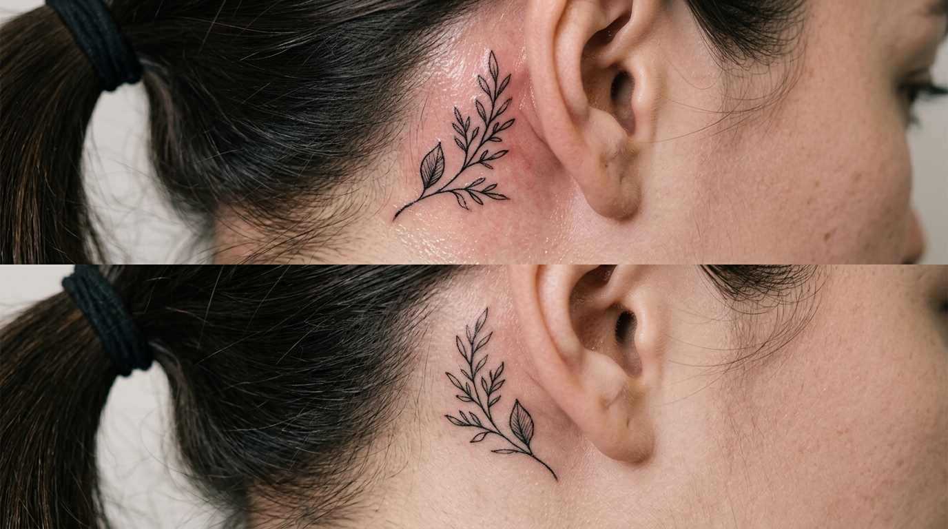 Зажившая тату за ухом — чистый и ухоженный рисунок на коже