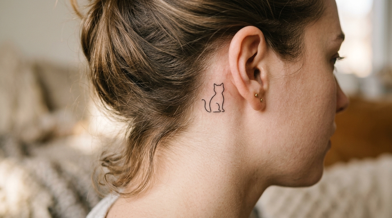 Маленькая тату-силуэт кошки за ухом — минималистичный контур