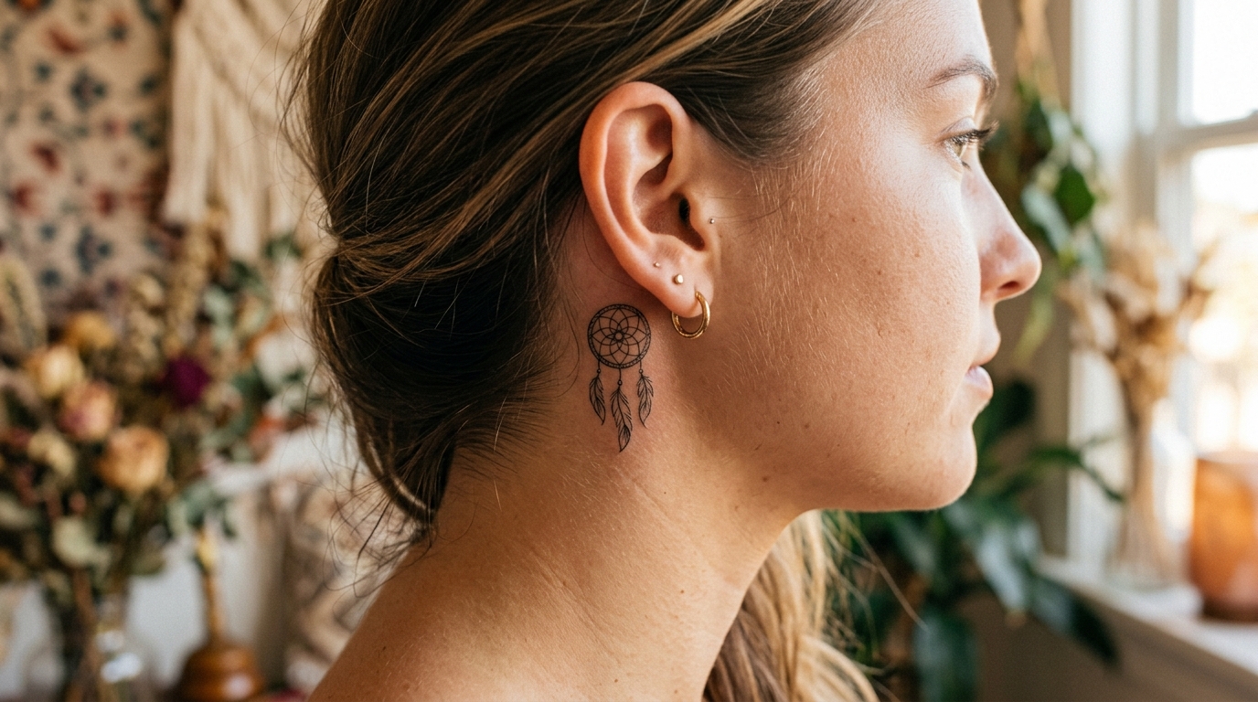 Маленькая тату-ловец снов за ухом — миниатюрный амулет с пёрышками