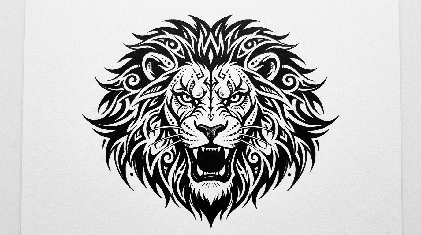 Эскиз тату льва в стиле блэкворк, плотные чёрные заливки