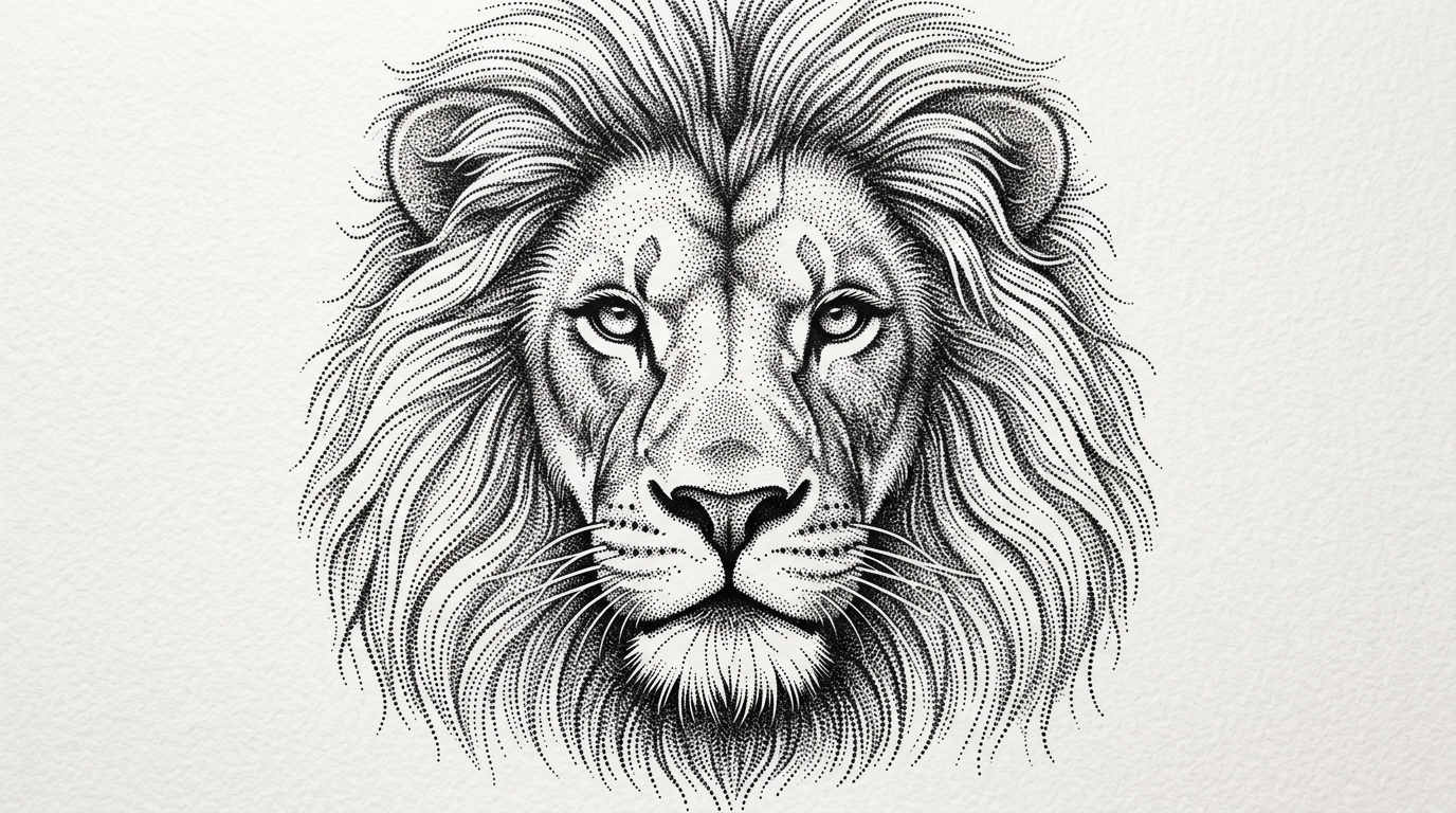 Эскиз тату льва в стиле дотворк, точечная техника