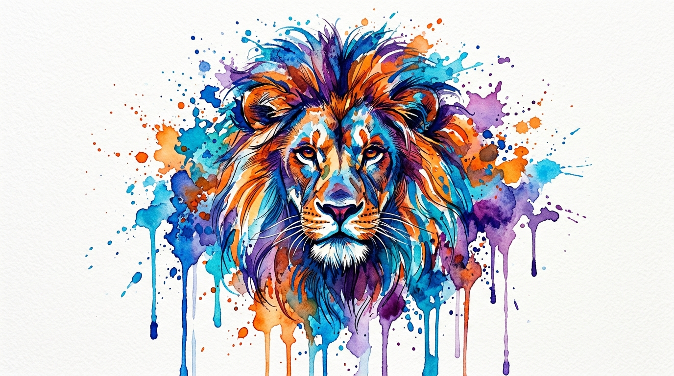Эскиз тату льва в акварельной технике, яркие брызги краски