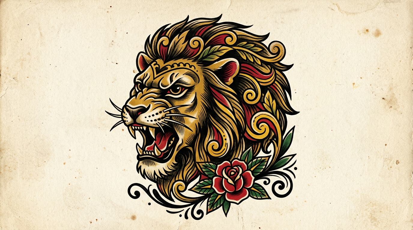 Эскиз тату льва в стиле олдскул, жирные контуры и яркие цвета