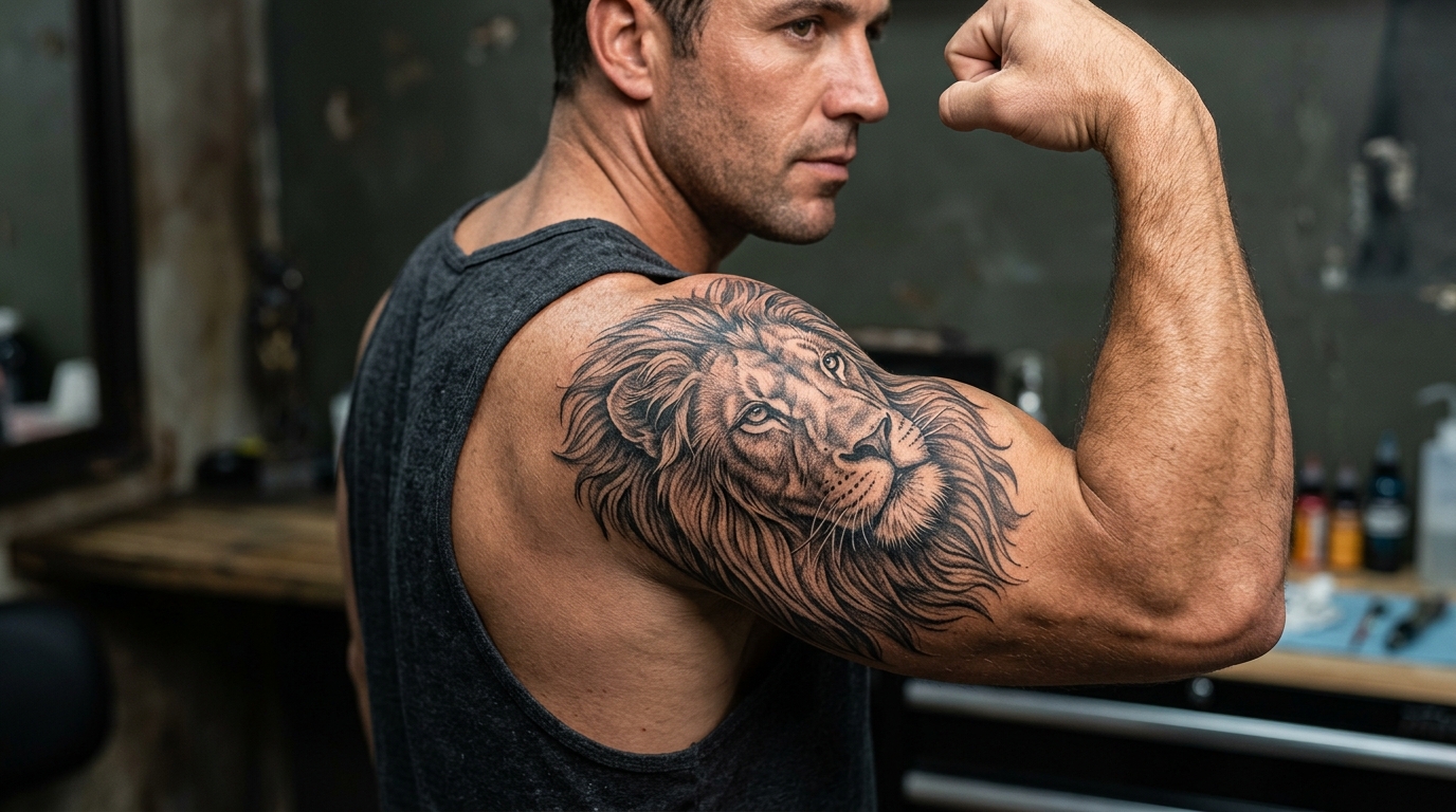 Реалистичная татуировка льва на плече мужчины