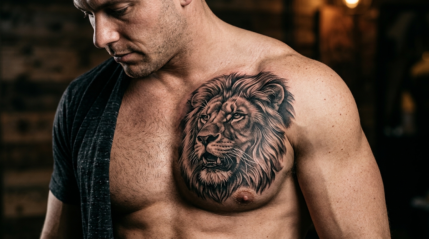Крупная татуировка льва на груди мужчины