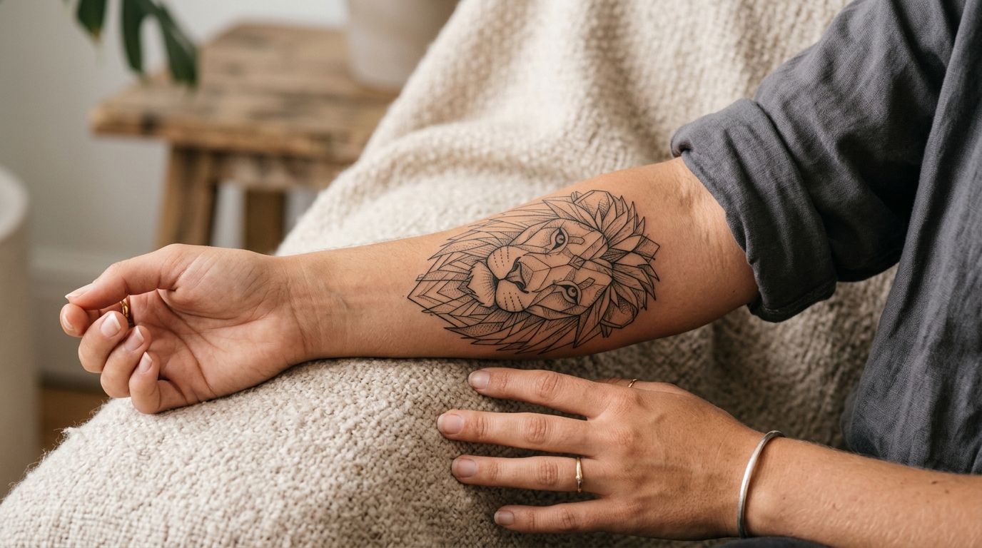 Геометрическая татуировка льва на женском предплечье