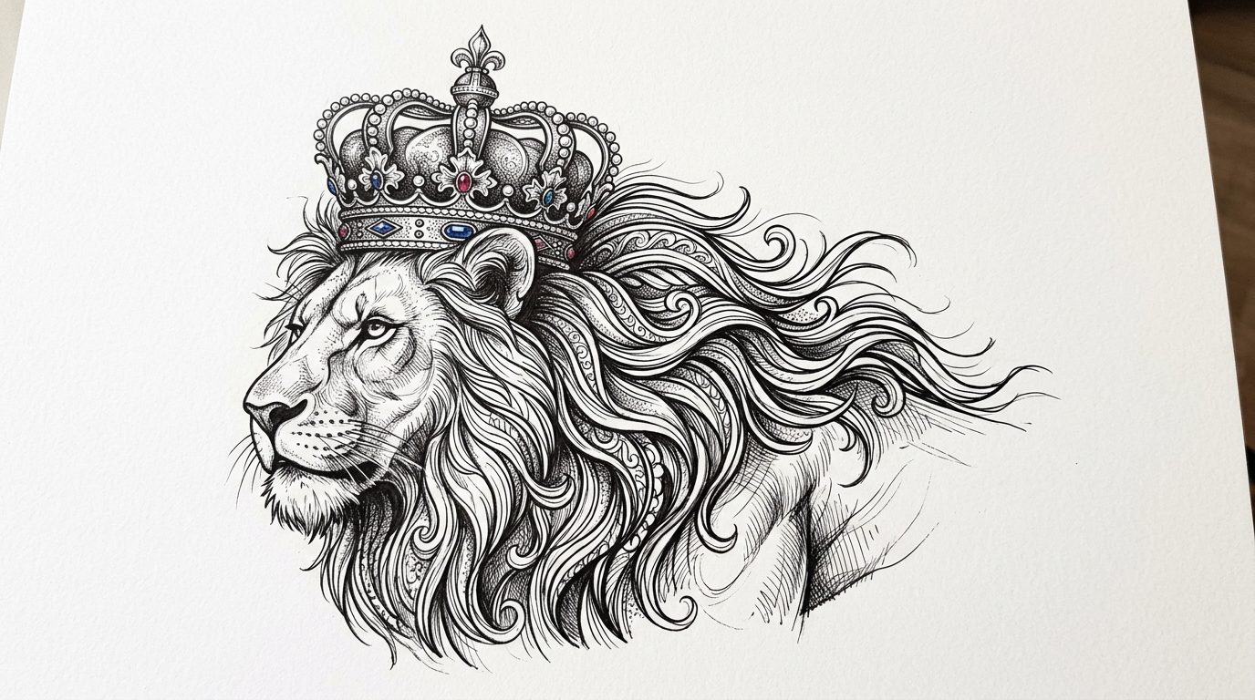 Эскиз тату льва с королевской короной