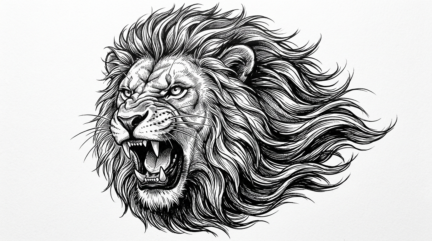 Эскиз тату рычащего льва с оскалом