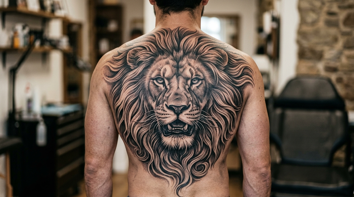 Большая татуировка льва на спине мужчины