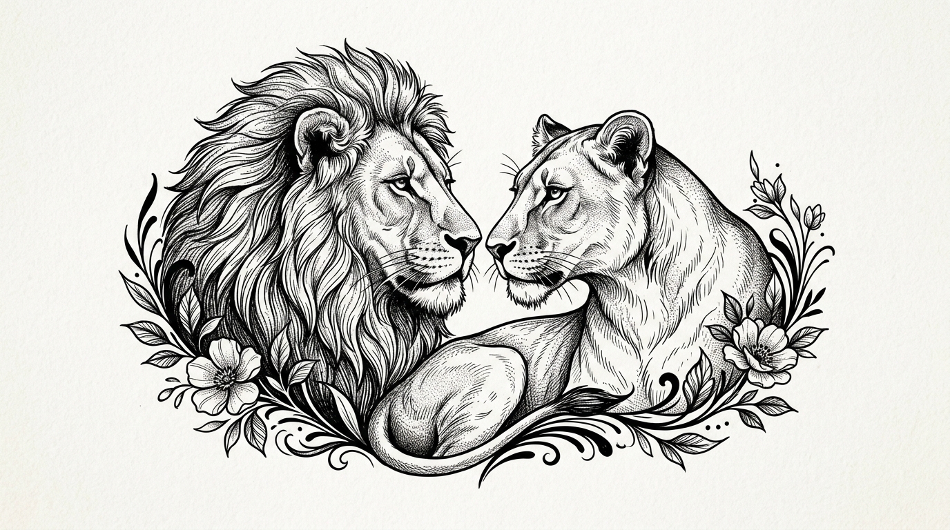 Эскиз тату льва и львицы вместе