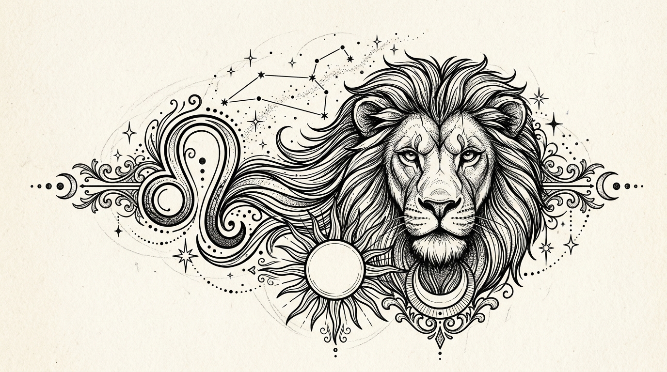 Эскиз тату знака зодиака Лев с астрологическими элементами