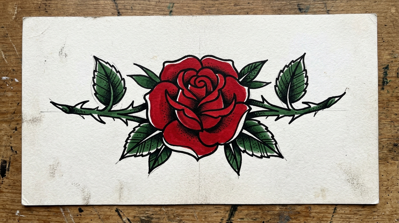 Эскиз розы в стиле олдскул — жирный контур, яркие цвета