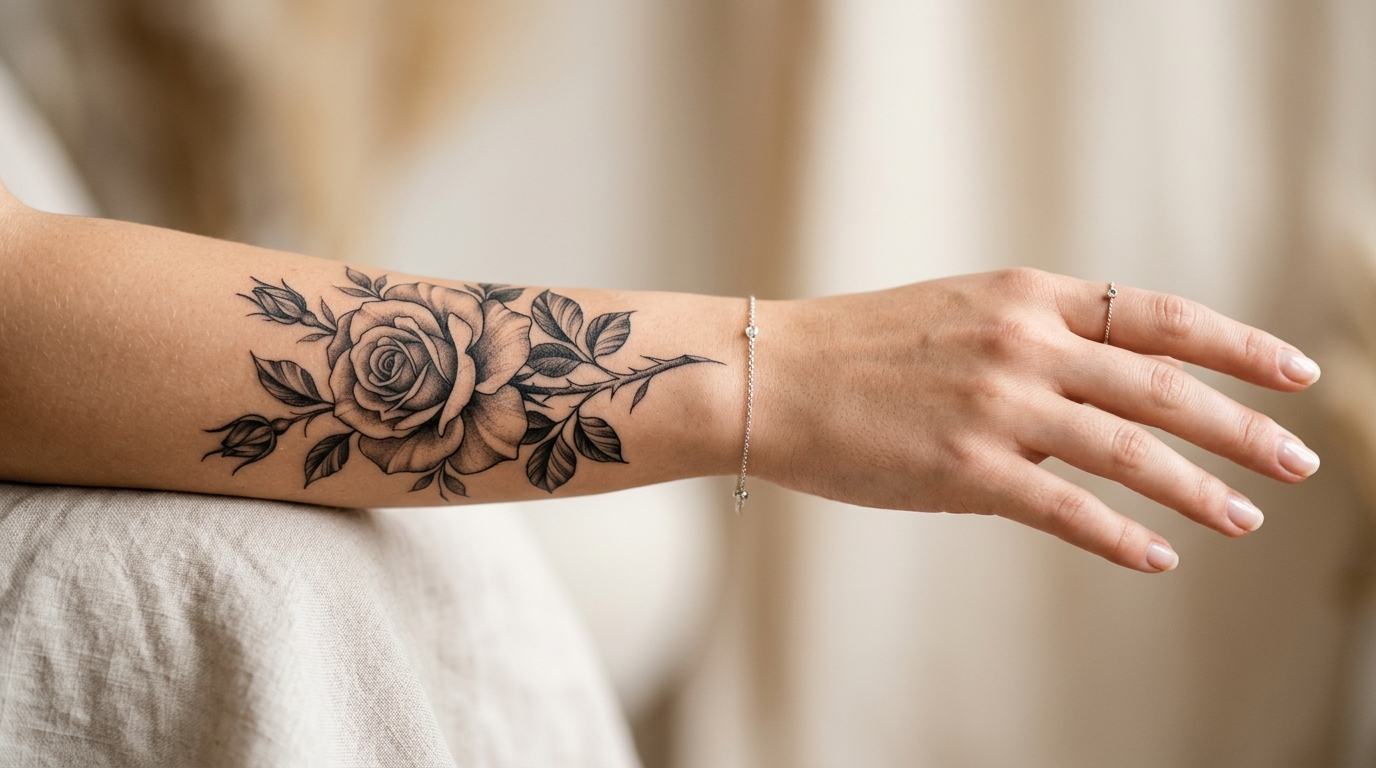 Элегантная тату розы на предплечье у девушки