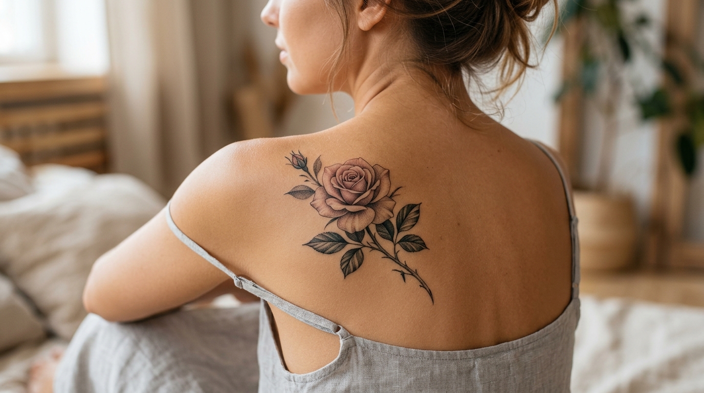 Изящная тату розы на лопатке у девушки