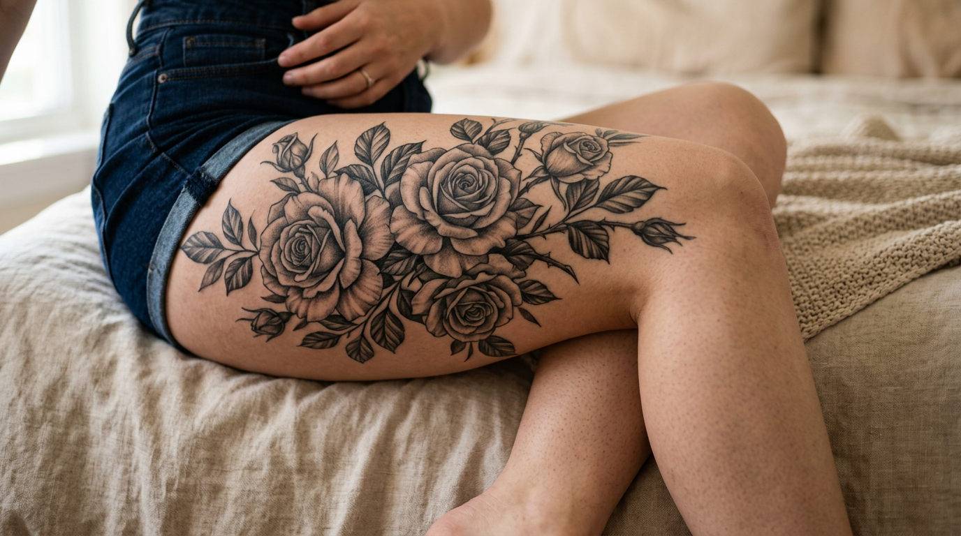 Крупная композиция из роз на бедре — реалистичный стиль