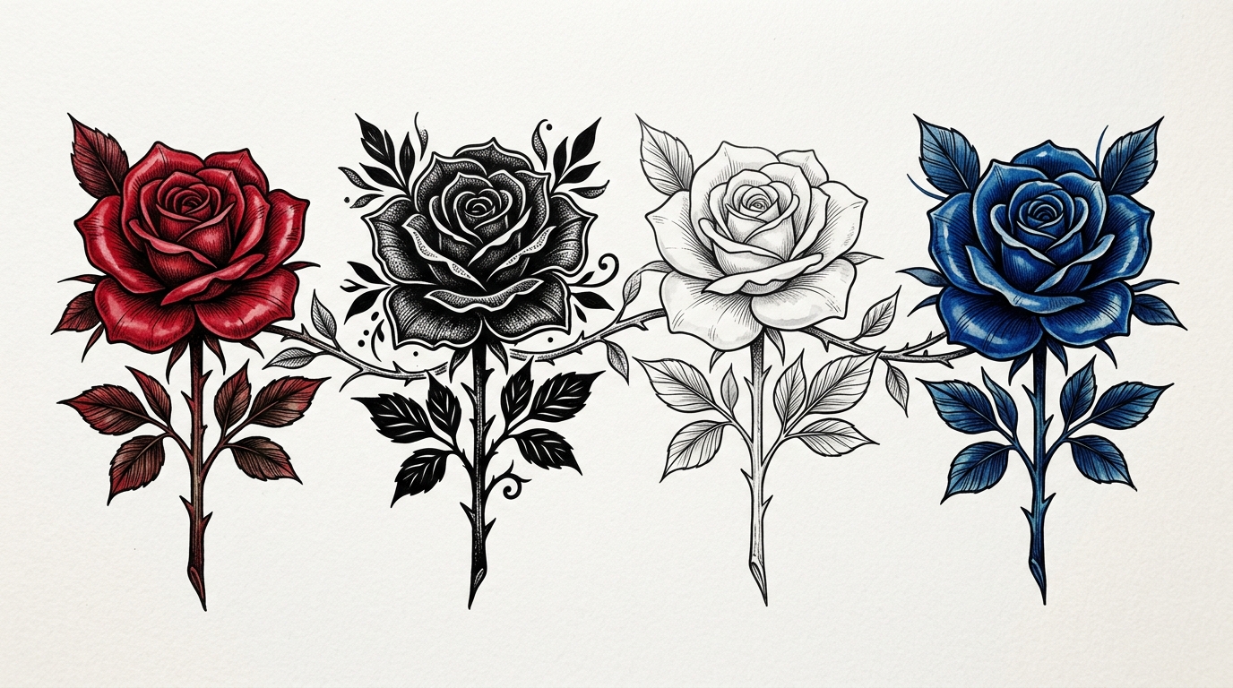 Розы разных цветов в тату-стиле — красная, чёрная, белая, синяя