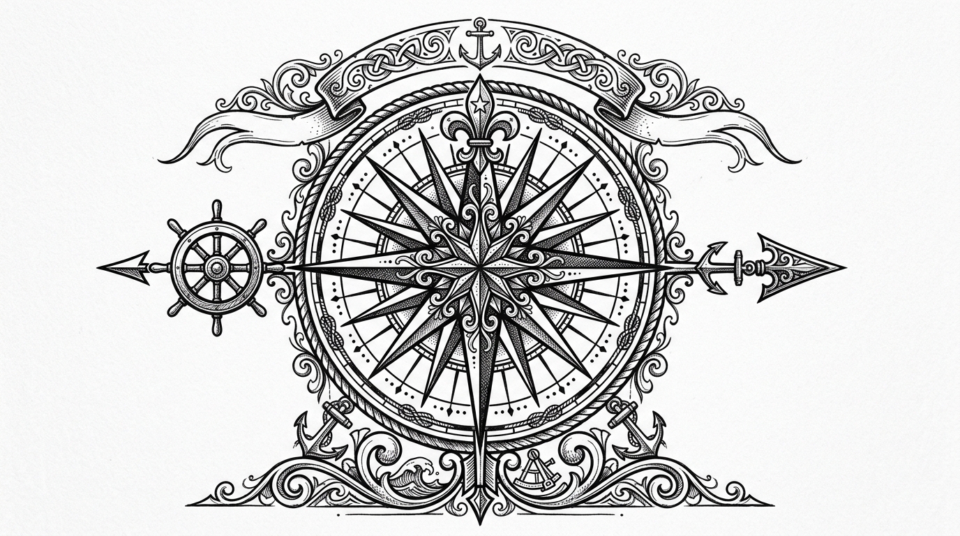 Эскиз тату роза ветров — навигационный компас