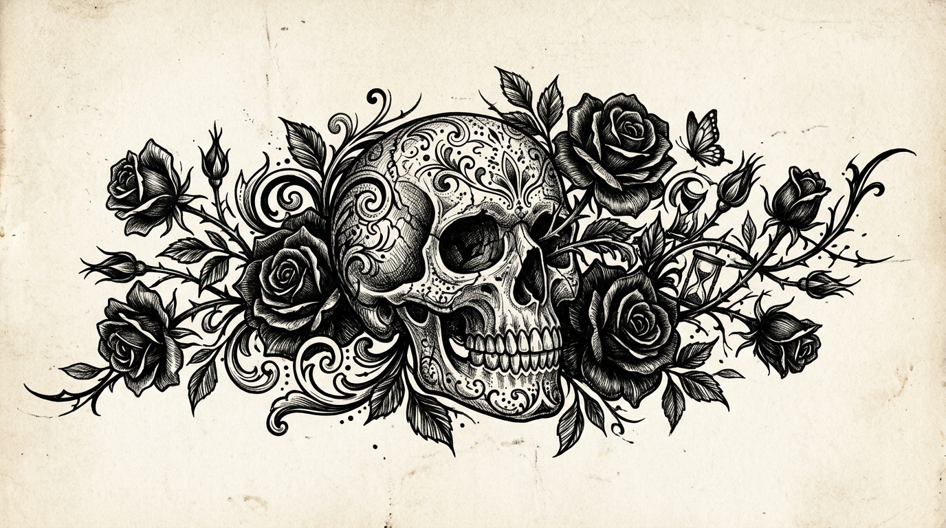 Эскиз тату: роза с черепом — memento mori