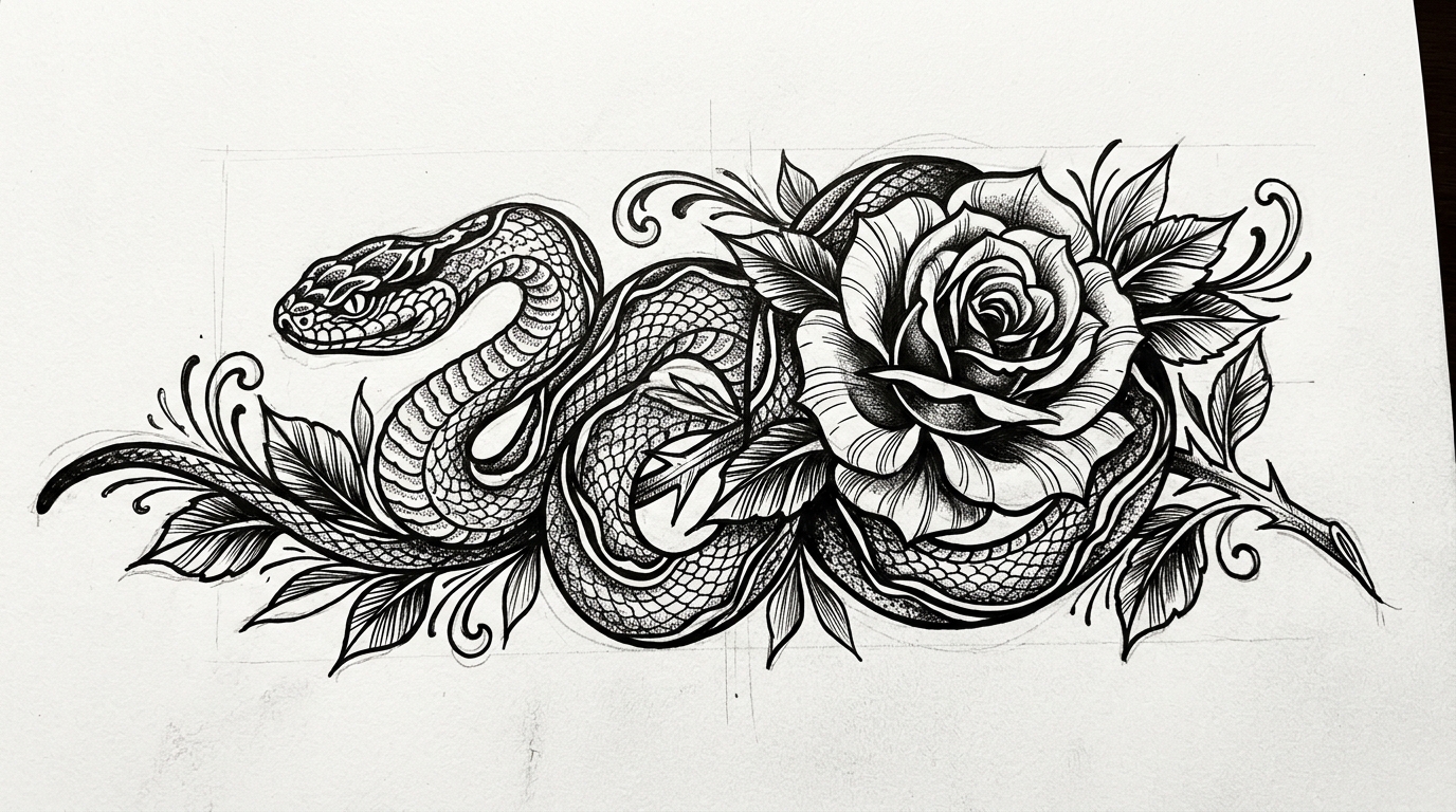 Эскиз тату: змея обвивает розу — искушение и мудрость