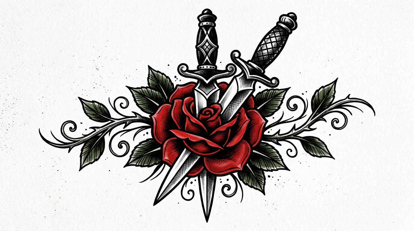 Эскиз тату: кинжал пронзает розу — борьба и жертва
