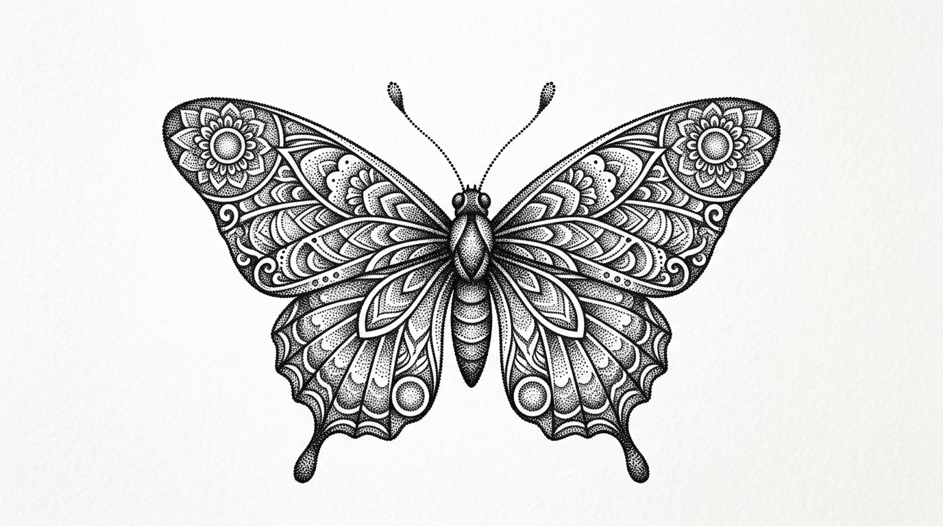 Эскиз тату бабочки в стиле дотворк из тысяч точек